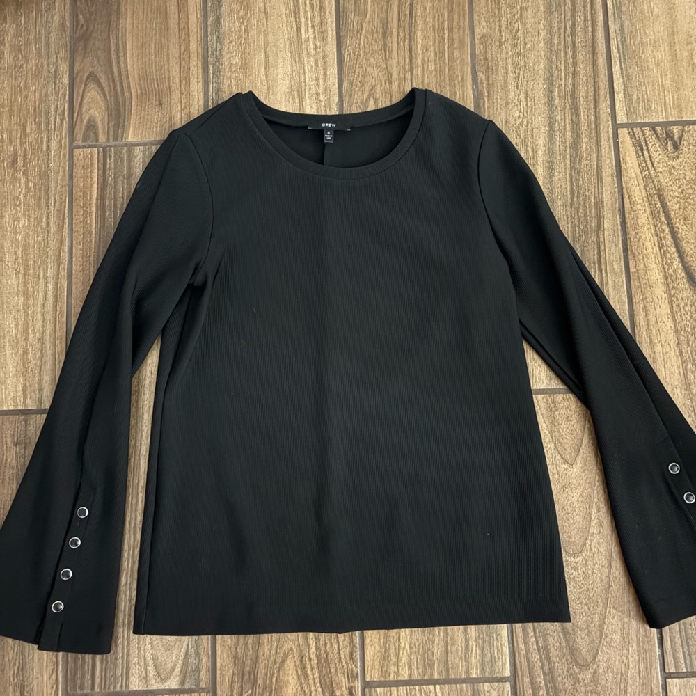 DREW Black Long Sleeve Crewneck Top with Button Cuffs
